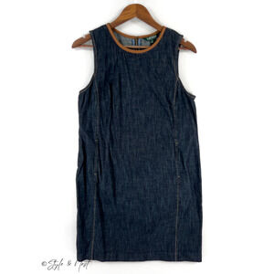 Lauren Ralph Lauren Blue Denim Cotton Sheath Dress Leather Trim 12 Petite